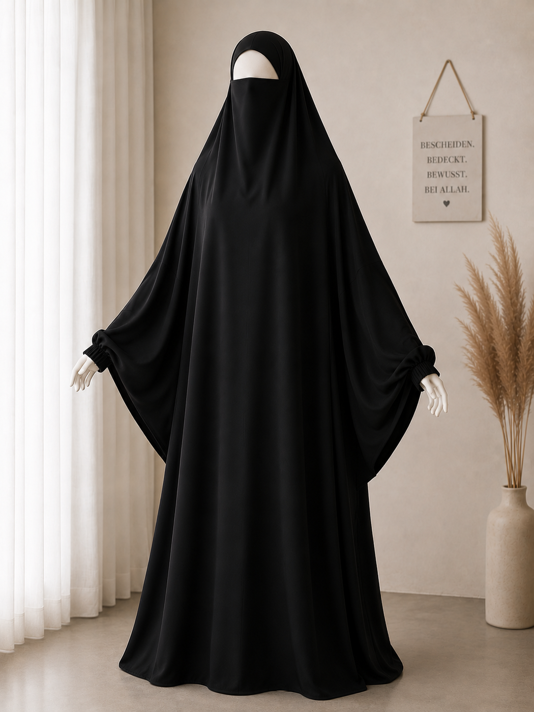 Premium Einteiliger Jilbab mit integrierter Niqab-Funktion – Schwarz | Einheitsgröße | Weite Ärmel
