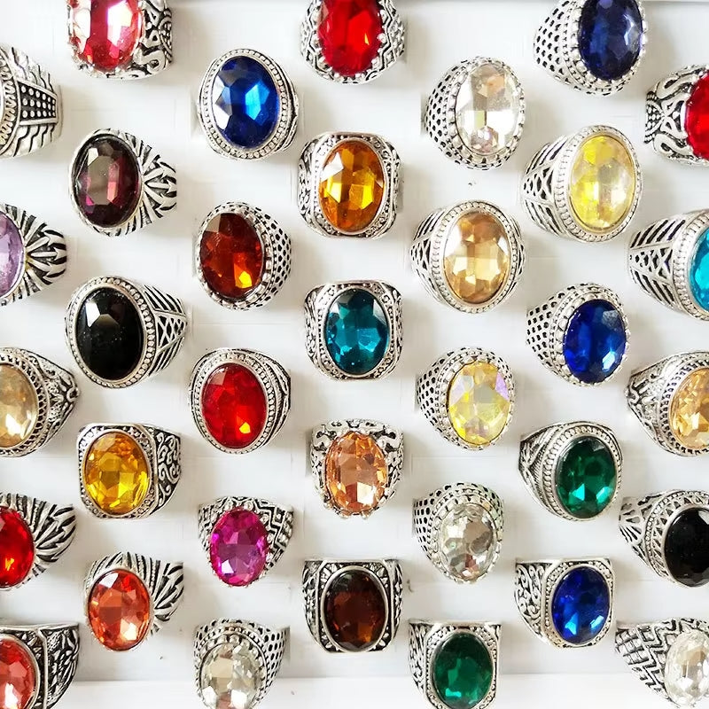 50er Set orientalische Ringe mit bunten Steinen – Mix Größen & Designs | Vintage Schmuck Box