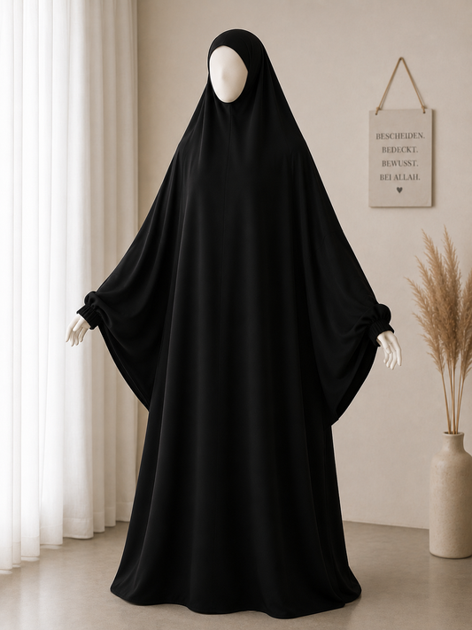 Premium Einteiliger Jilbab mit integrierter Niqab-Funktion – Schwarz | Einheitsgröße | Weite Ärmel
